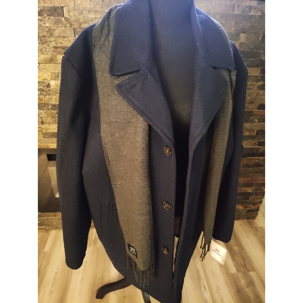 London Fog Navy Heather Wool Coat Gray Scarf Size XL Men New with Tags Old Money